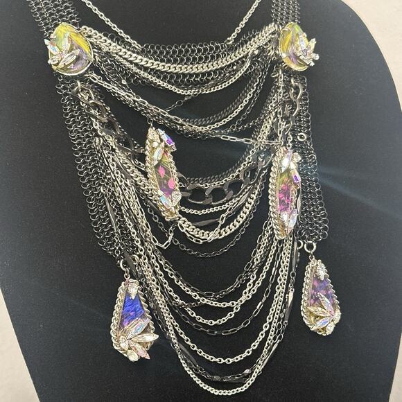 Erickson Beamon Statement Bib Necklace Gunmetal Multi Chain Crystal Waterfall - Picture 10 of 11